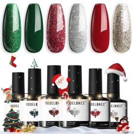 Modelones Christmas Gel Nail Polish Set, 6 Colors 2025 Winter Sparkle Dark Green Red Silver Champagne Rose Gold Glitter Gel Polish Kit New Year Soak Off Nail Art Manicure Salon DIY Home Gift