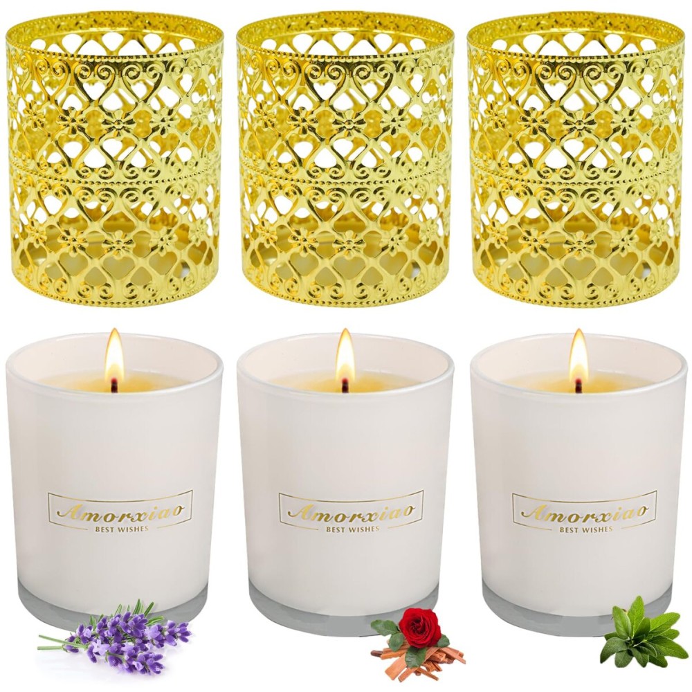 6 Pack Candles for Home Scented Aromatherapy Candles Gifts Set for Women, 3 Pack 120 Hour Long Lasting White Candles with 3 Gold Candle Holders, Mothers Day Gifts for Mom, Birthday Present