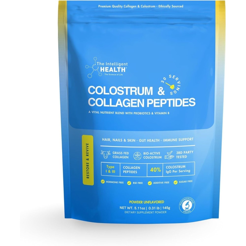 Grass-Fed Colostrum & Collagen Peptides with Probiotics + Vitamin B12 - 800mg IgG for Immune, Gut & Beauty Support - Ethically Sourced, Non-GMO, Hormone-Free, Filler-Free, 30 Servings, 5.11 oz