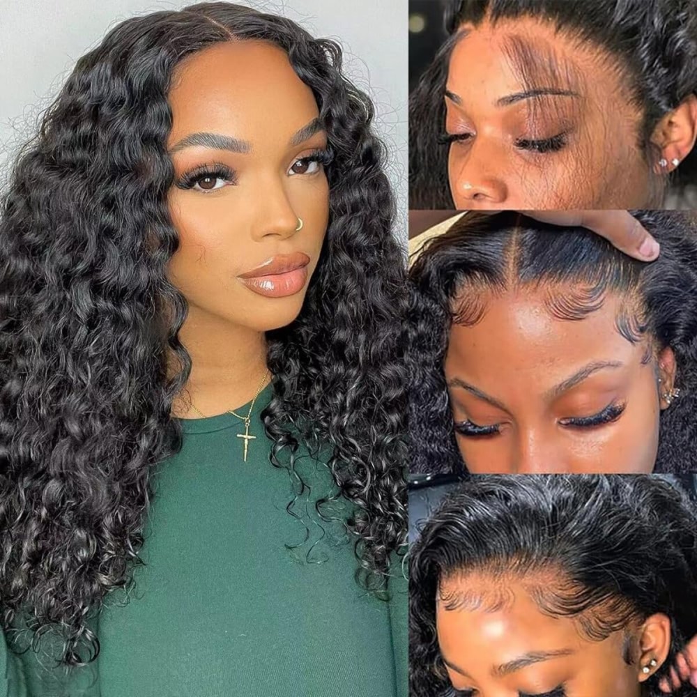 FIRIEYA 13x4 Deep Wave Lace Front Wigs Human Hair 180% Density HD Transparent Lace Frontal Wigs for Women Glueless Wigs Human Hair Pre-Plucked with Baby Hair 18 Inch