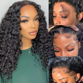 FIRIEYA 13x4 Deep Wave Lace Front Wigs Human Hair 180% Density HD Transparent Lace Frontal Wigs for Women Glueless Wigs Human Hair Pre-Plucked with Baby Hair 18 Inch