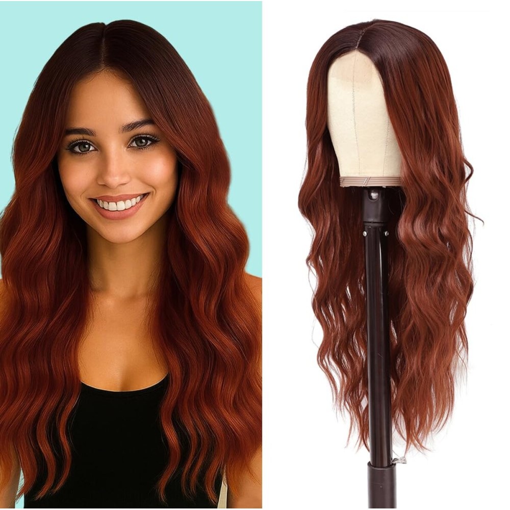 HMHIFI Long Auburn Wigs for Women Copper Red Natural Curly Wavy Hair Middle Prat Wigs Heat Resistant Natural-Looking Hair for Daily Party Use Halloween Costume