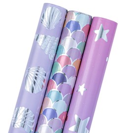 MAYPLUSS Purple Mermaid Wrapping Paper, Birthday Girl Wrapping Paper, Metallic Foil Mermaid Scale Scallop Pattern Ocean Gift Wrap for Girls,Kids, Baby Shower (Mini Roll, 17 Inch x 120 Inch Per Roll)