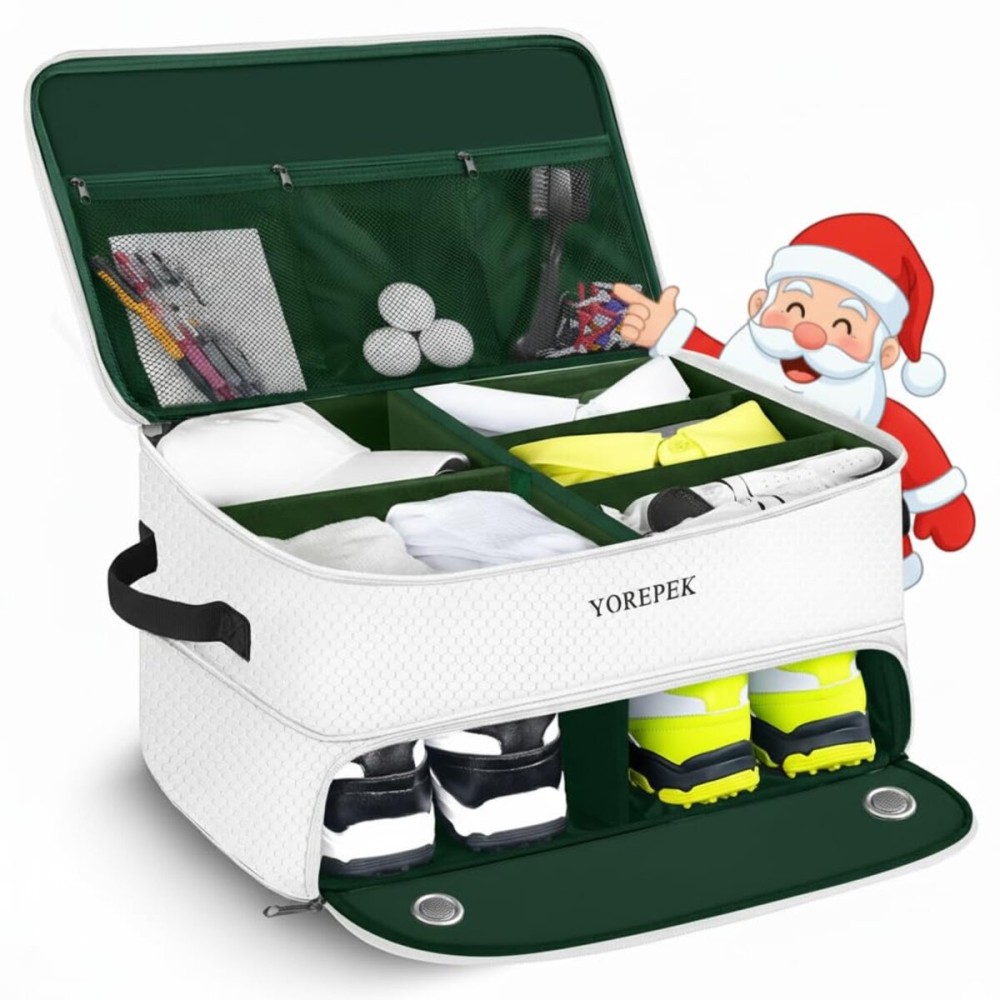 YOREPEK 2 Layer Golf Trunk Organizer with Ventilated Shoe Compart, Adjustable Dividers, Waterproof Car Trunk Storage for Golf Balls, Tees, Clothes, Men\'s Golfing Accessories, Gifts for Golfer, WHITE