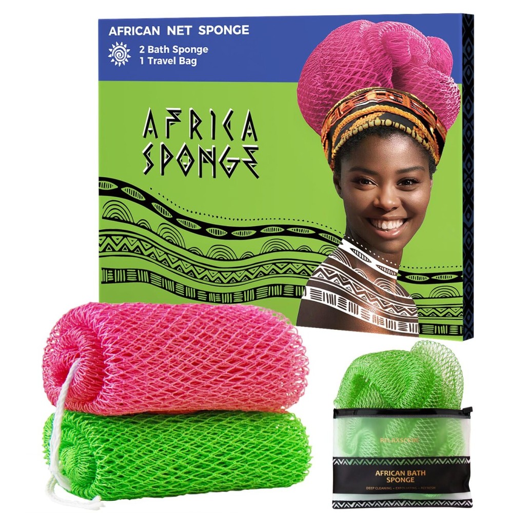 African Net Sponge Authentic - 2 Pieces Exfoliating Body Scrubber Bath Sponge Camellia&Green- Back Scrubber Washcloth for Shower - Real African Scrub Exfoliator Body Care Bathing Accessorie