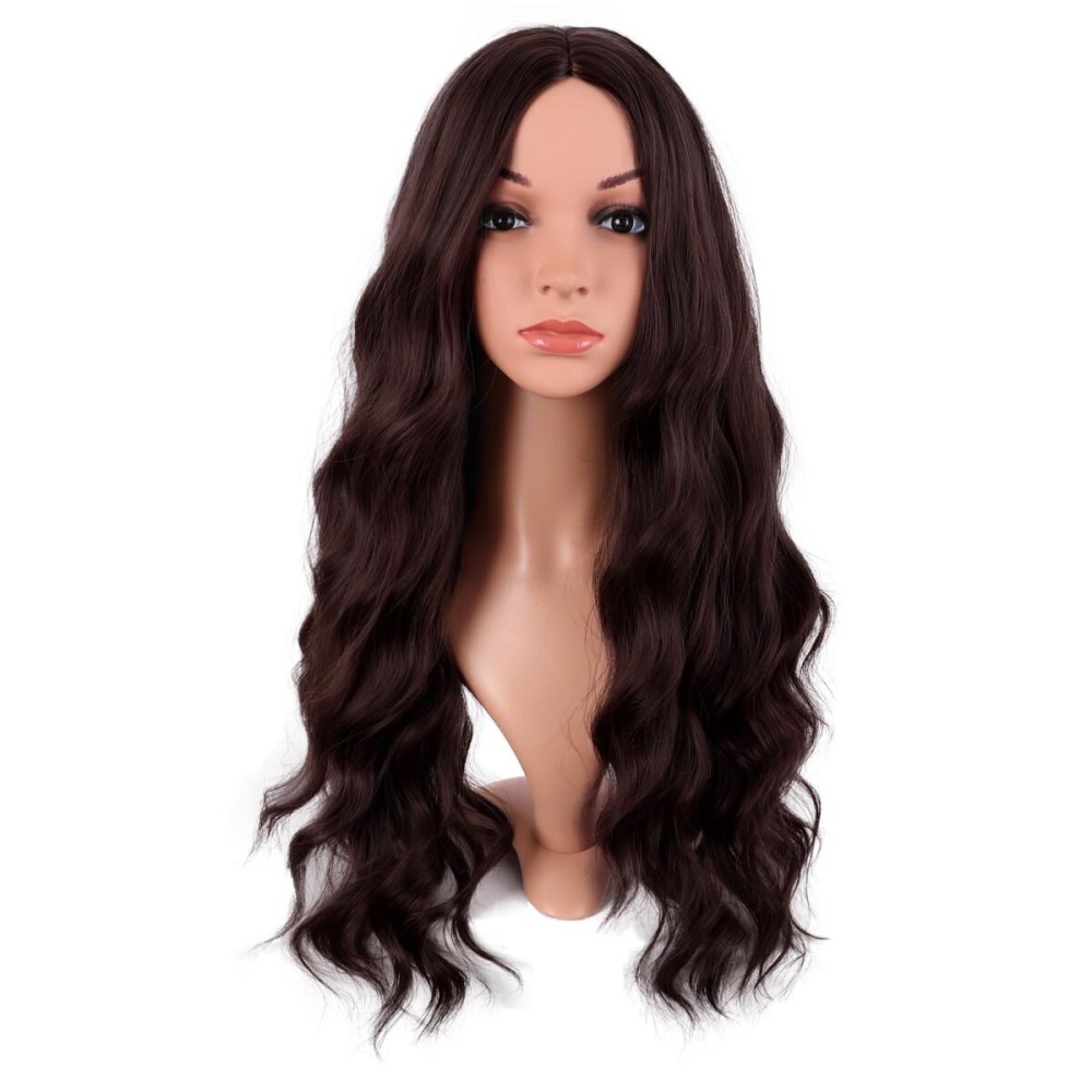 MapofBeauty 28 Inch/70 cm Long Wavy Middle Part with No Bangs Synthetic Fiber Curly Fashion Women Party Cosplay Wig (Dark Brown)
