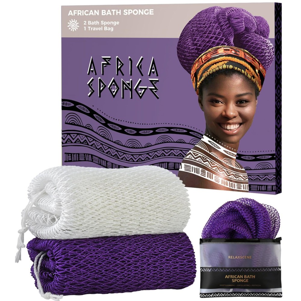 African Net Sponge Authentic - 2 Pieces Exfoliating Body Scrubber Bath Sponge - Back Scrubber Washcloth for Shower White&Purple - Real African Scrub Exfoliator Body Care Bathing Accessorie