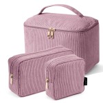 MAGEFY Makeup Bag, 3 Pcs Cosmetics Bag Large Capacity with Handle Make Up Bag for purse Corduroy Bag Pouch for Purse Travel Makeup Organizer-Pink