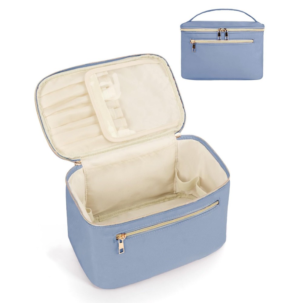 Wandering Nature Large Makeup Bag, Travel Make Up Organizer Cosmetic Brush Bags Case for Women in Fabric,Blue,Patent Pending