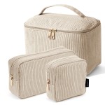 MAGEFY Makeup Bag, 3 Pcs Cosmetics Bag Large Capacity with Handle Make Up Bag for purse Corduroy Bag Pouch for Purse Travel Makeup Organizer-Beige