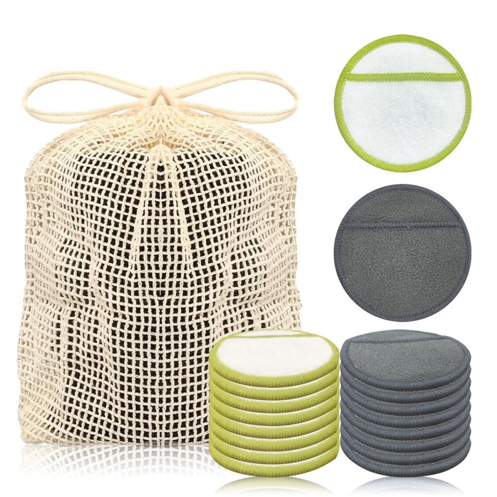 Chloven Reusable Cotton Rounds 16 Pack - Machine Washable Bamboo Charcoal Makeup Remover Pads for Face, Bamboo Terry Face Wipes Reusable Makeup Pads with Cotton Bag for Storage