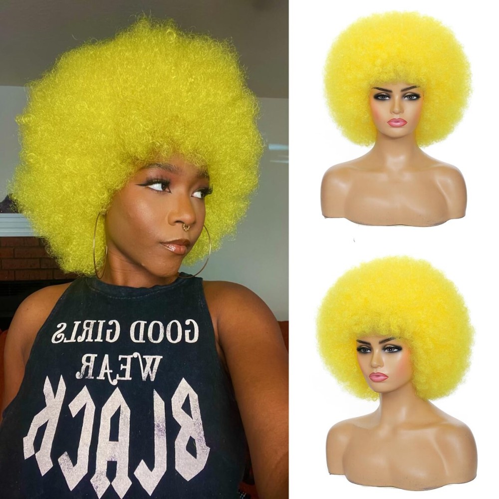 JSDshine Yellow Afro Wigs for Women - Soft 70s Kinky Curly Synthetic Hair Wig with Bangs, Natural Looking Short Afro Puff Bouncy Big for Daily & Party Use