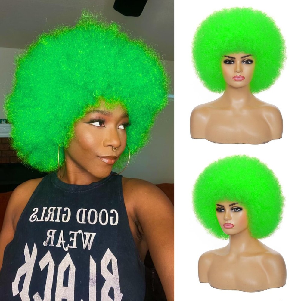 JSDshine Green Afro Wigs for Women - Soft 70s Kinky Curly Synthetic Hair Wig with Bangs, Natural Looking Short Afro Puff Bouncy Big for Daily & Party Use