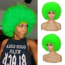 JSDshine Green Afro Wigs for Women - Soft 70s Kinky Curly Synthetic Hair Wig with Bangs, Natural Looking Short Afro Puff Bouncy Big for Daily & Party Use
