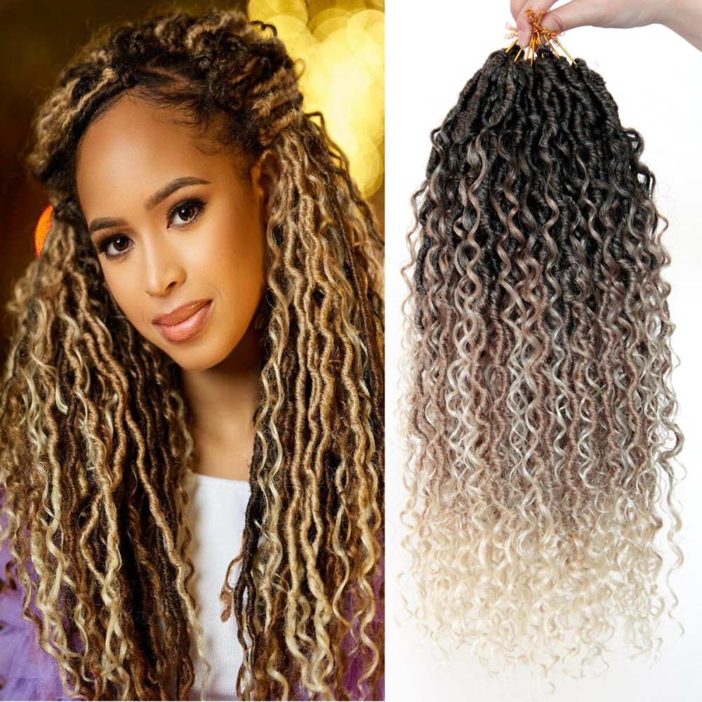 Goddess Locs Crochet Hair 18Inch Boho Faux Locs,Mix Blonde Crochet Locs With Curly Ends River Hippie Locs Bohemian Locs Crochet Hair 4Packs (1B/27/613, 18inch(Pack of 4))