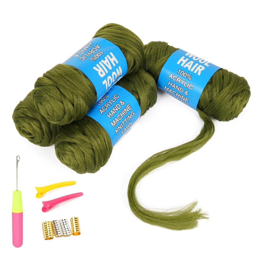 YoungtherBrazilian Wool Hair Yarn for Braids 4 PCS 100% Brazilian Wool Hair Acrylic Yarn for African Braids/Spring Twist/Faux Locs/Wraps with Crochet Hook Hair Extensions(4 Roll,olive green)