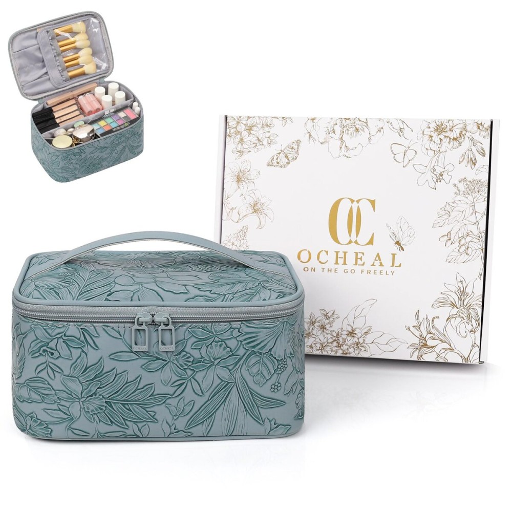 OCHEAL Makeup Bag,Travel Makeup Organizer Bag, Large Capacity Cosmetic Bags for Women Large Travel Toiletry Bag for Girls Traveling With Brush Slot And Divider-Blue Floral