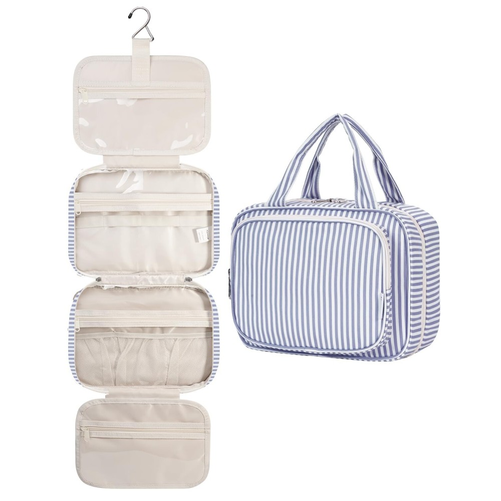 Narwey Striped Hanging Toiletry Bag for Women Travel Makeup Bag Organizer Toiletries Bag for Travel Size Essentials Accessories Cosmetics (Greyish Blue Stripe (Medium))
