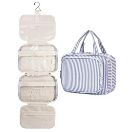 Narwey Striped Hanging Toiletry Bag for Women Travel Makeup Bag Organizer Toiletries Bag for Travel Size Essentials Accessories Cosmetics (Greyish Blue Stripe (Medium))