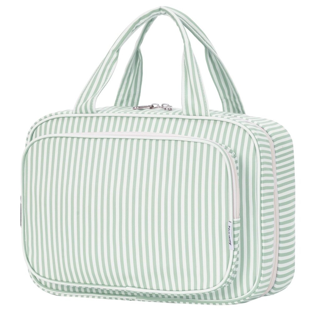 Narwey Striped Travel Toiletry Bag for Women Large Hanging Makeup Bag Organizer Toiletries Bag for Full Size Essentials Accessories Cosmetics (Mint Green Stripe (Large))