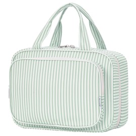 Narwey Striped Travel Toiletry Bag for Women Large Hanging Makeup Bag Organizer Toiletries Bag for Full Size Essentials Accessories Cosmetics (Mint Green Stripe (Large))