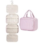 Narwey Striped Hanging Toiletry Bag for Women Travel Makeup Bag Organizer Toiletries Bag for Travel Size Essentials Accessories Cosmetics (Dusty Pink Stripe (Medium))