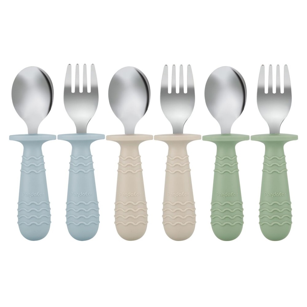 PandaEar 6 Pieces Baby Toddler Silicone Stainless Steel Utensils Silverware Spoon Fork for Baby Toddler BPA Free with Silicone Holding Anti-Choke Design (Blue Green Beige)