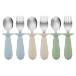 PandaEar 6 Pieces Baby Toddler Silicone Stainless Steel Utensils Silverware Spoon Fork for Baby Toddler BPA Free with Silicone Holding Anti-Choke Design (Blue Green Beige)