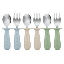 PandaEar 6 Pieces Baby Toddler Silicone Stainless Steel Utensils Silverware Spoon Fork for Baby Toddler BPA Free with Silicone Holding Anti-Choke Design (Blue Green Beige)