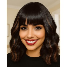 Elfairy Black Highlights Brown Wig with Bangs for Women 12inch Short Bob Wavy Curly Hair Wigs Heat Resistant Hair Replacement Wigs for Daily Use Cosplay Costume Halloween