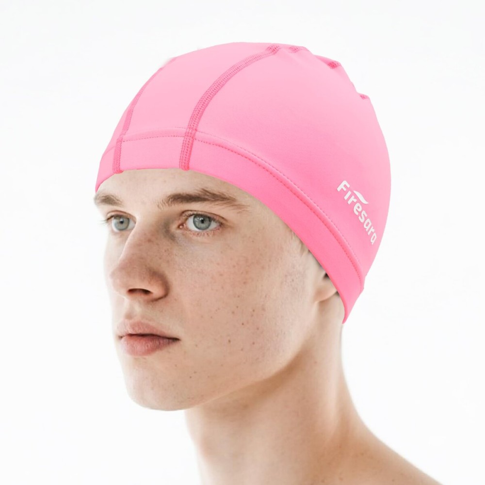 Firesara Fabric Swim Cap, High Elasticity Swimming Cap Keeps Hair Clean Breathable Fit Both Long Hair Short Hair, Swim Caps Woman Girls Men Kids One Size Hat Pink