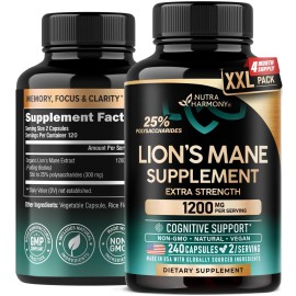 Lions Mane Supplement Capsules - Organic Lions Mane - Made in USA - Fruiting Bodies Extract - 1200 mg, 25% Polysaccharides - Memory & Focus Support - As Lions Powder - 240 Capsules, 4 Month Supply