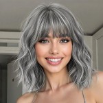 Nnzes Short Wavy Bob Wig with Bangs for Women Shoulder Length Curly Salt-and-Pepper Synthetic Heat-Resistant Fiber Hair for Daily & Party Use