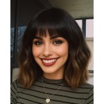 Ombre Black Brown Wig with Bangs for Women 12inch Short Bob Wavy Curly Hair Wigs Heat Resistant Hair Replacement Wigs for Daily Use Cosplay Costume Halloween