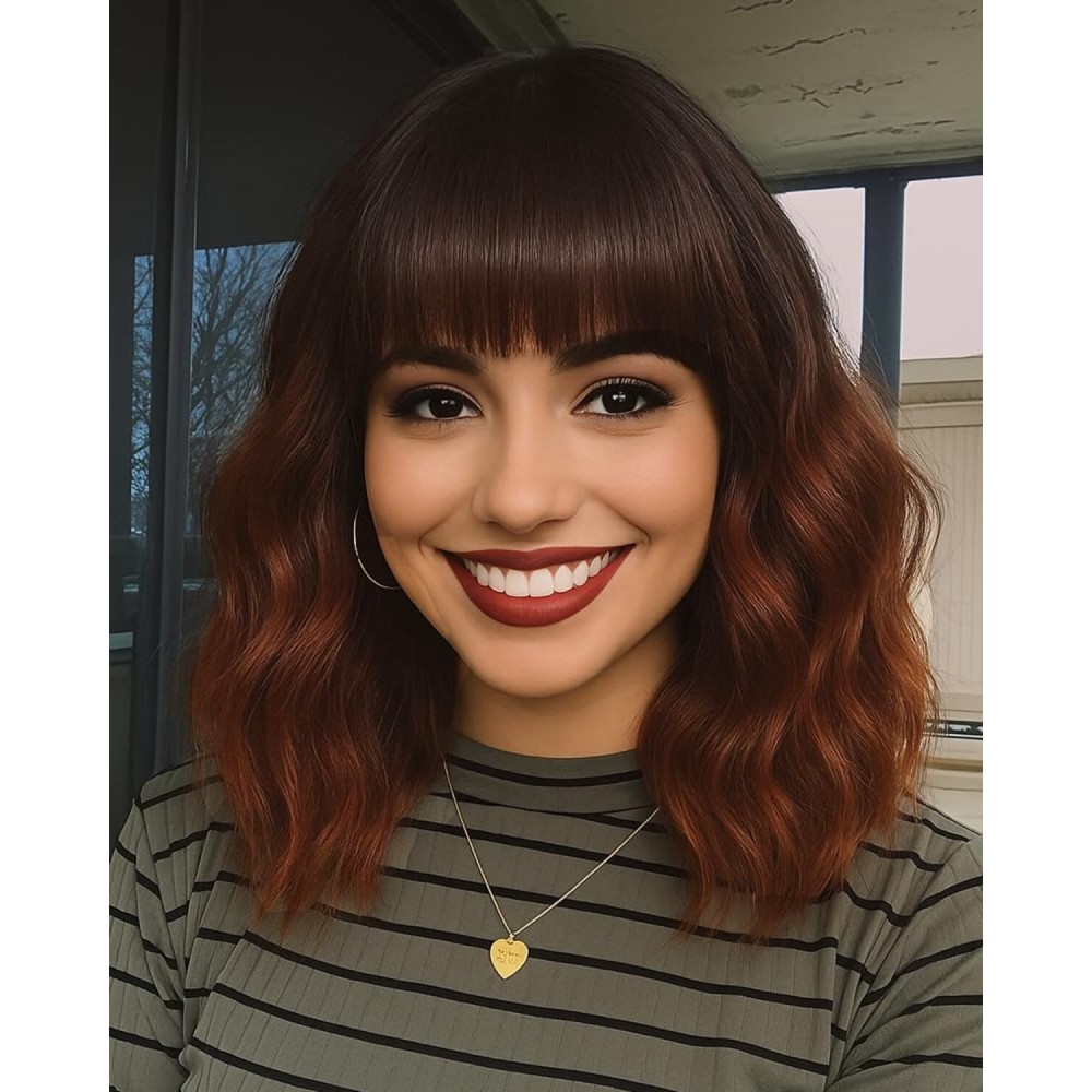 Elfairy Ombre Auburn Wig with Bangs for Women 12inch Short Bob Cooper Red Wavy Curly Hair Wigs Heat Resistant Hair Replacement Wigs for Daily Use Cosplay Costume Halloween