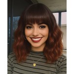 Elfairy Ombre Auburn Wig with Bangs for Women 12inch Short Bob Cooper Red Wavy Curly Hair Wigs Heat Resistant Hair Replacement Wigs for Daily Use Cosplay Costume Halloween