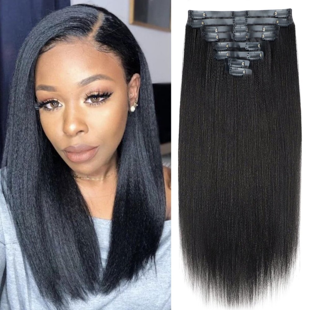 Mihugass Seamless PU Yaki Straight Clip in Hair Extensions Real Human Hair For Women Invisible Yaki Straight Clip ins (12inch,1B)