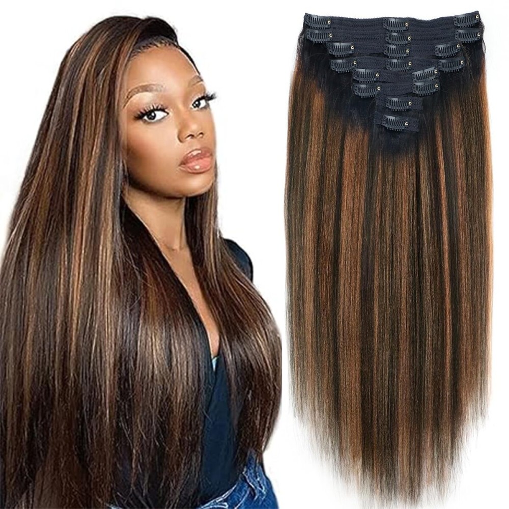 Mihugass Yaki Straight Clip ins Real Human Hair Extensions For Women Highlight Hair Extensions Yaki Straight Clip in Hair Extensions(14inch,T1BP1B/30)
