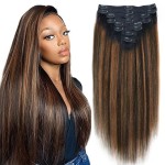 Mihugass Yaki Straight Clip ins Real Human Hair Extensions For Women Highlight Hair Extensions Yaki Straight Clip in Hair Extensions(14inch,T1BP1B/30)