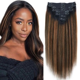 Mihugass Yaki Straight Clip ins Real Human Hair Extensions For Women Highlight Hair Extensions Yaki Straight Clip in Hair Extensions(12inch,T1BP1B/30)