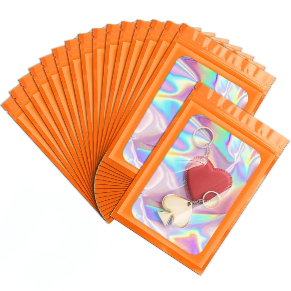 ANZNKU 100 Pack Mylar Bags Reasealable Holographic Bags, Smell Proof Bag Zipper Pouches with Clear Window, Jewelry Candy Sealable Bag for Packaging Sample Party Favor (Orange, 7.1 x 10.2 Inch)