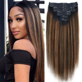 Mihugass Yaki Straight Clip ins Real Human Hair Extensions For Women Highlight Hair Extensions Yaki Straight Clip in Hair Extensions(18inch,T1BP1B/30)