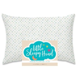 Little Sleepy Head Toddler Pillowcase, 100% Cotton & Hypoallergenic Pillow Case for Toddler Pillow, Snug Fit Envelope Pillowcase, 13x18 Pillowcase, Pilllow Sold Separately (Hearts Sage)