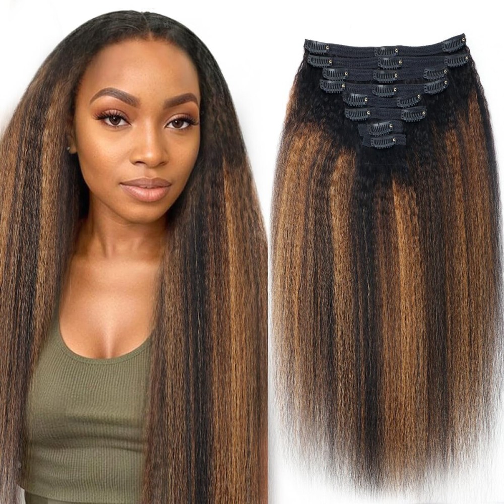 Mihugass Kinky Straight Clip in Hair Extensions Real Human Hair For Women Highlight Hair Extensions Kinky Straight Clip ins (14inch,T1BP1B/30)