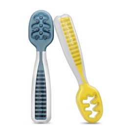 NumNum Baby Spoons Set, Baby Essentials Pre-Spoon GOOtensils for 6+ Months, First Stage Self-Feeding Spoons for Baby Led Weaning (BLW), Silicone Toddler Utensils, BPA-Free, 2 Pack Blue/Yellow