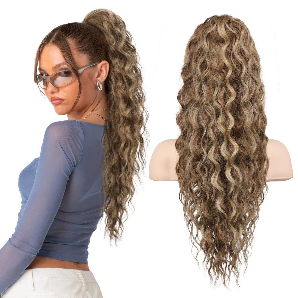 SEIKEA 24 Highlight Ponytail Extension Claw, PT002 Tia Long Multi Layered Fluffy Thick Wavy Jaw Clip in Fake Pony Tails Fake Hair Soft Natural Synthetic Hairpiece Light Brown with Blonde Highlights