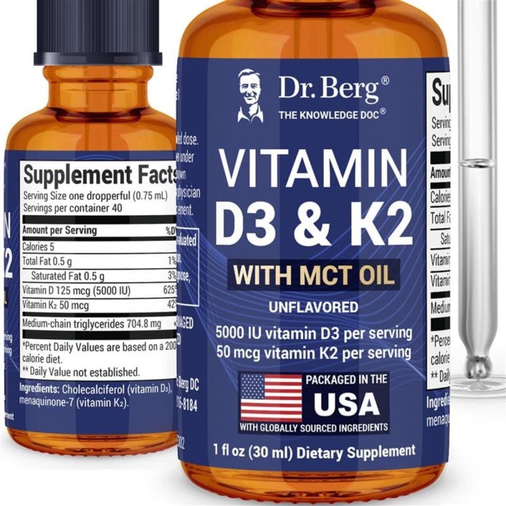 Dr. Berg Maximum Strength Vitamin D3 K2 Liquid Drops with MCT Oil - 5,000 IU Liquid Vitamin D3 with K2 - Supports Strong Bones, Heart, Energy, Immunity, and Overall Vitality* - Unflavored 1 Fl Oz