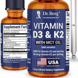 Dr. Berg Maximum Strength Vitamin D3 K2 Liquid Drops with MCT Oil - 5,000 IU Liquid Vitamin D3 with K2 - Supports Strong Bones, Heart, Energy, Immunity, and Overall Vitality* - Unflavored 1 Fl Oz