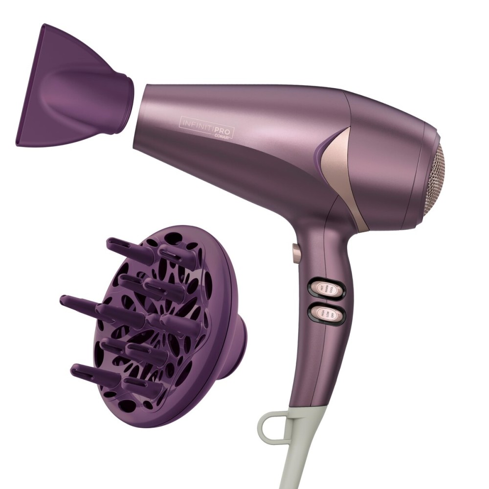 Infiniti PRO CONAIR Style & Shine Hair Dryer with Diffuser and Concentrator, 1875W Style & Shine Blow Dryer with Tourmaline and Ionic Conditioning to Fight Frizz, 3 Heat & 2 Speed Settings, Purple