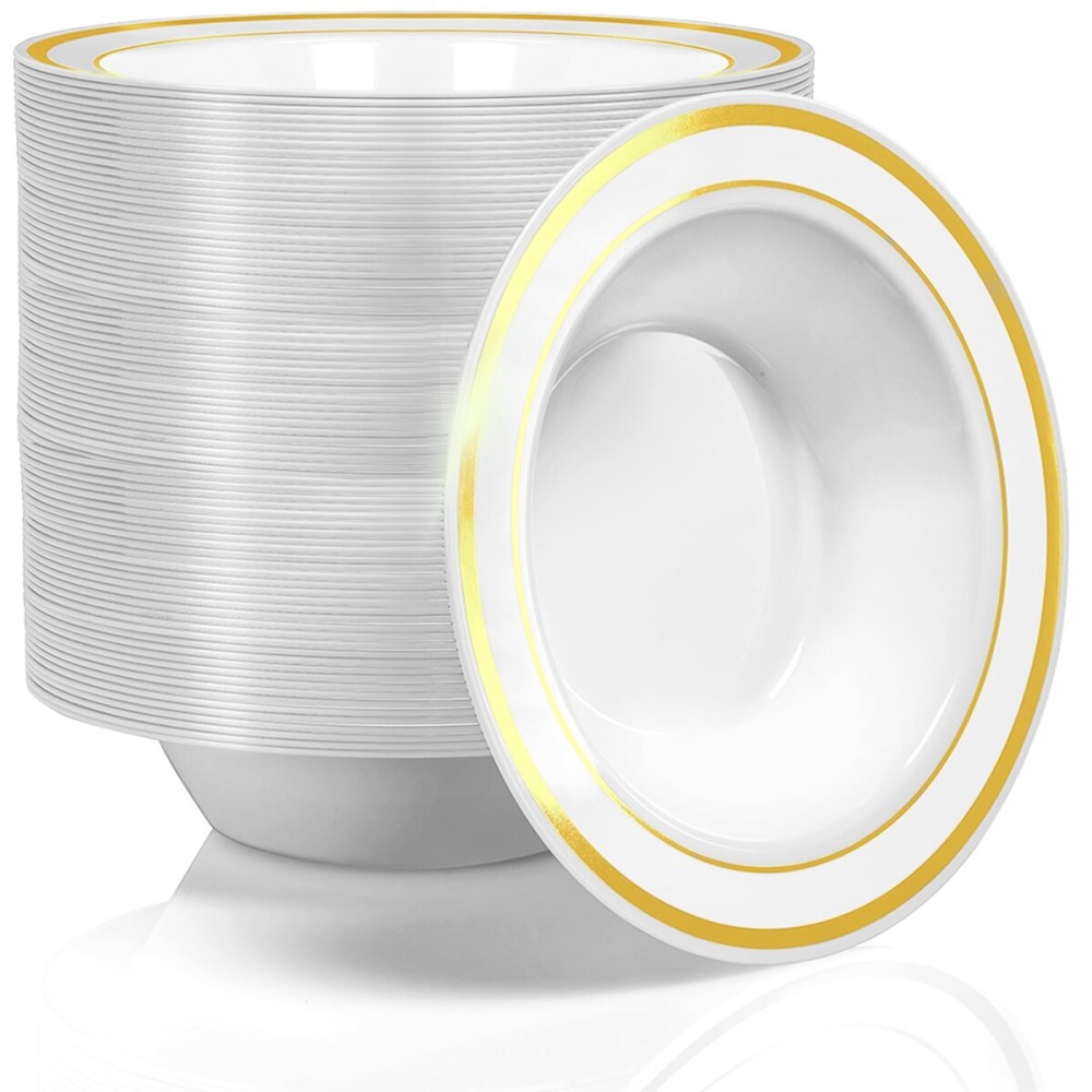 Stock Your Home Plastic Party Bowls (100 Pack) 12 Oz Elegant Disposable Dinnerware - Fancy Shatterproof Tableware for Catering, Holidays, Parties Supplies, Weddings, Catering, and Everyday Use (Gold)